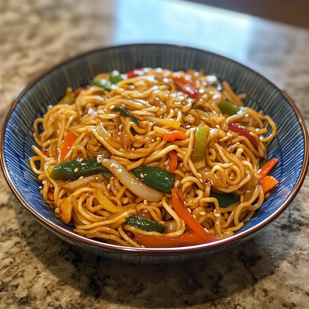 Plate of authentic Chow Mein with colorful vegetables and toppings