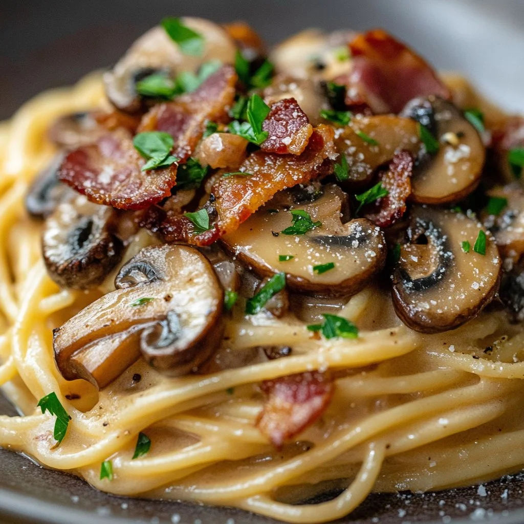 Creamy Bacon Mushroom Pasta with herbs and fresh ingredients
