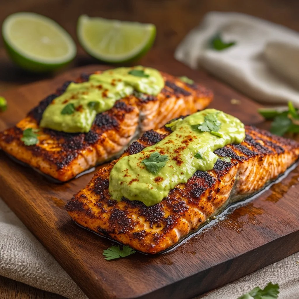 Baked Cajun Salmon served with avocado slices on a plate