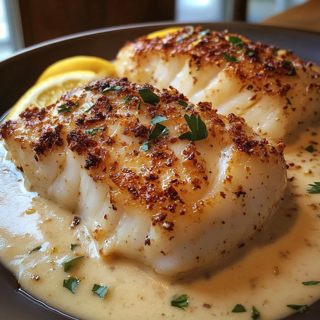 Baked cod fillet topped with coconut lemon cream sauce on a plate