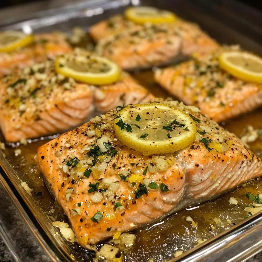 Baked lemon garlic butter salmon served with herbs and lemon slices.