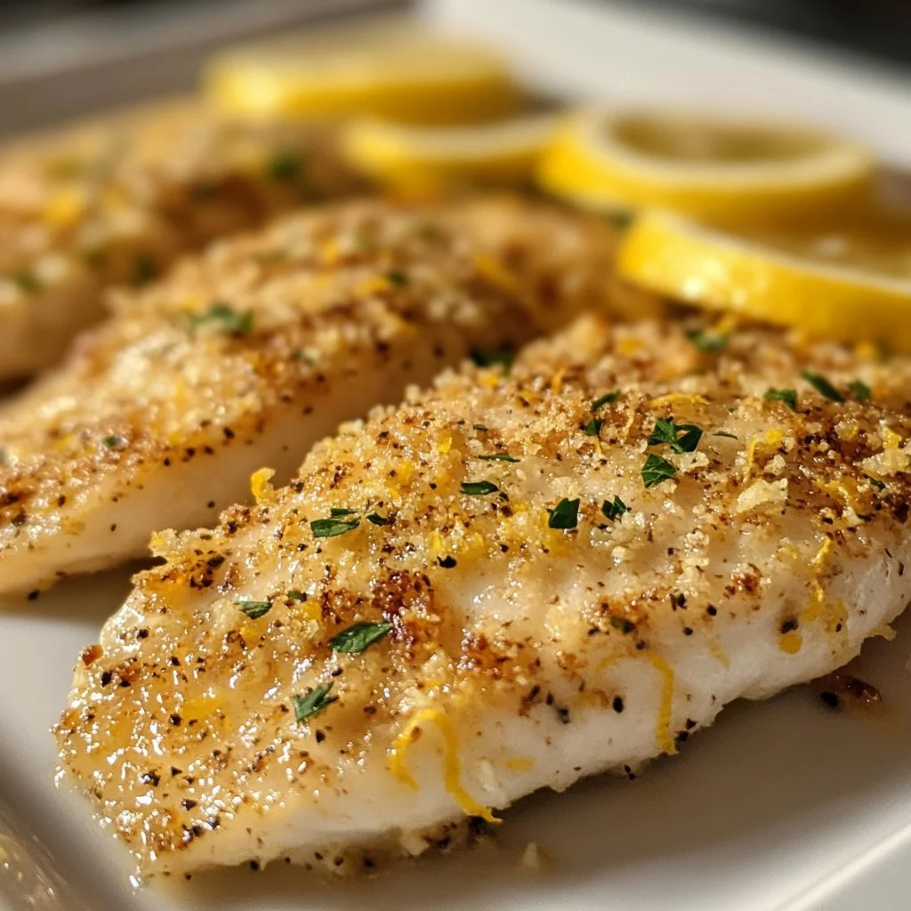 Baked lemon Parmesan tilapia served on a plate with herbs and lemon slices.