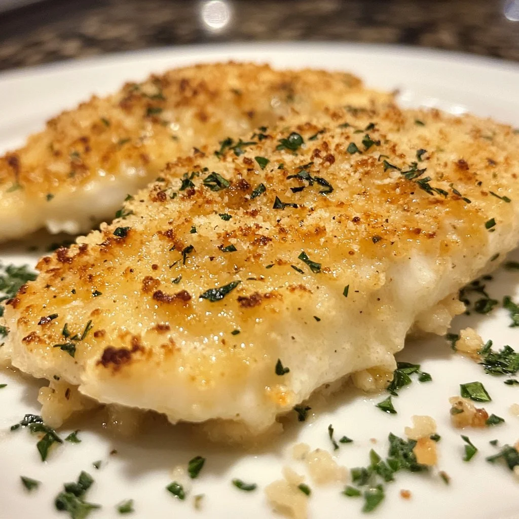 Baked Parmesan Crusted Tilapia on a plate with herbs and lemon