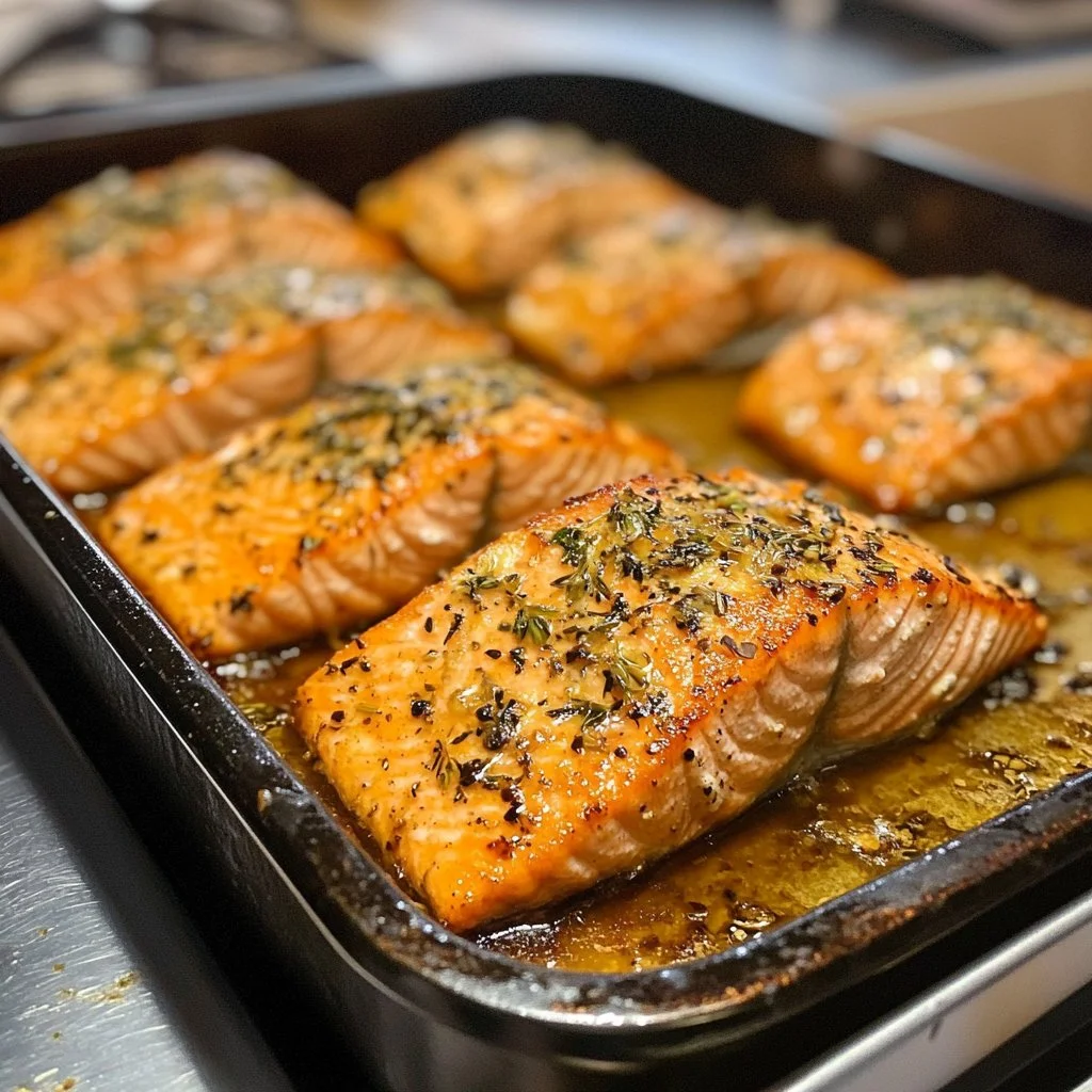 Delicious baked salmon fillet served with lemon and herbs