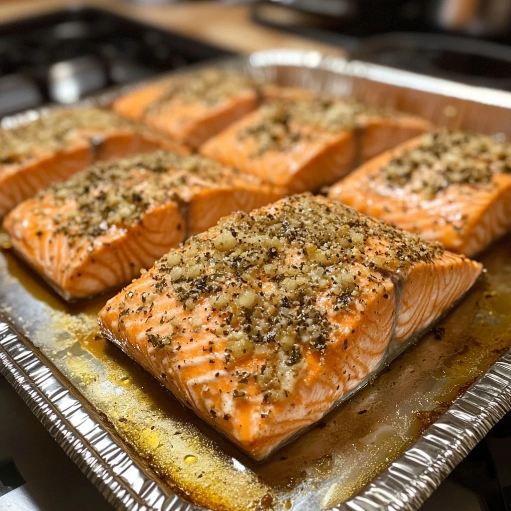 Delicious baked salmon fillet served with lemon and herbs