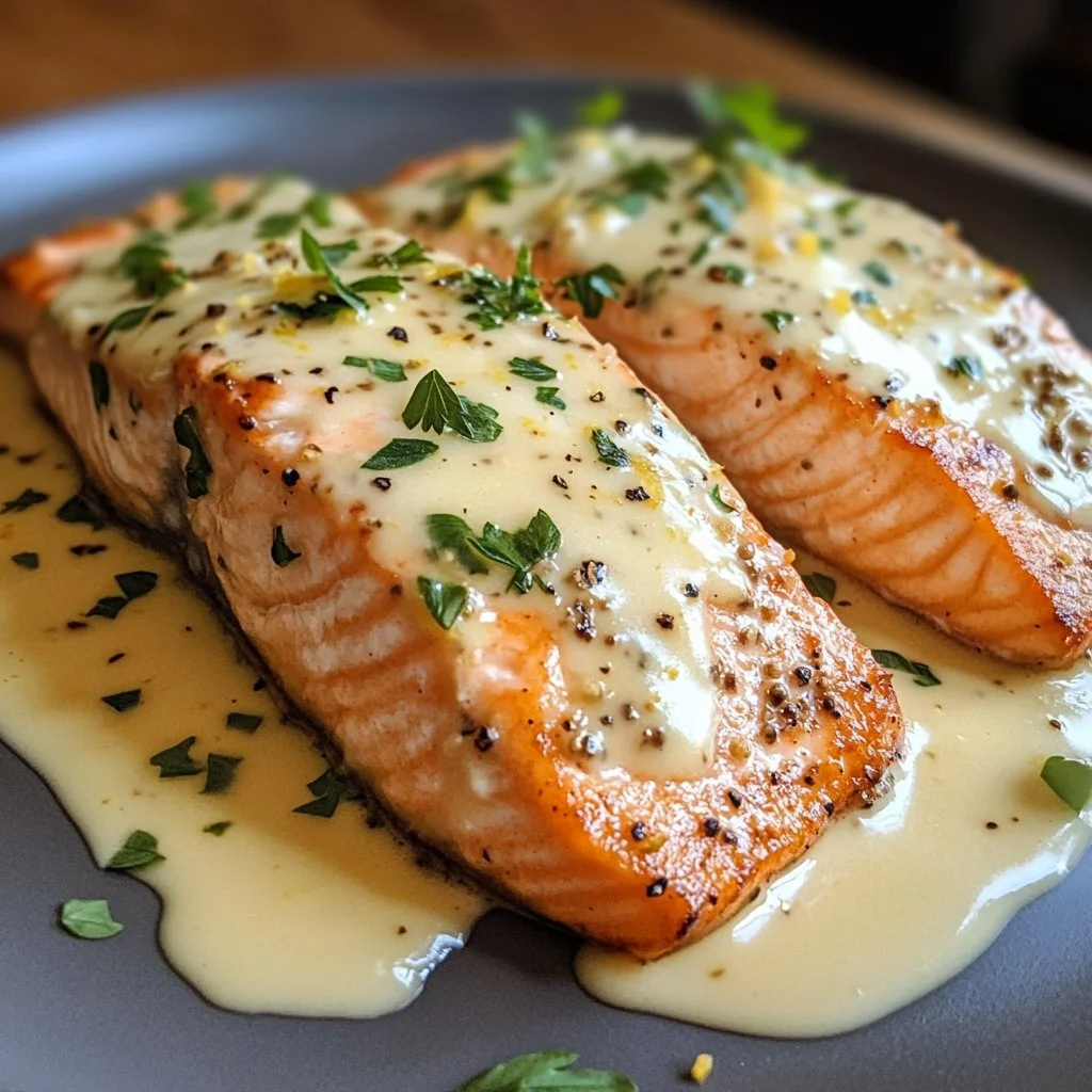 Baked salmon fillet served with creamy lemon garlic sauce on a plate