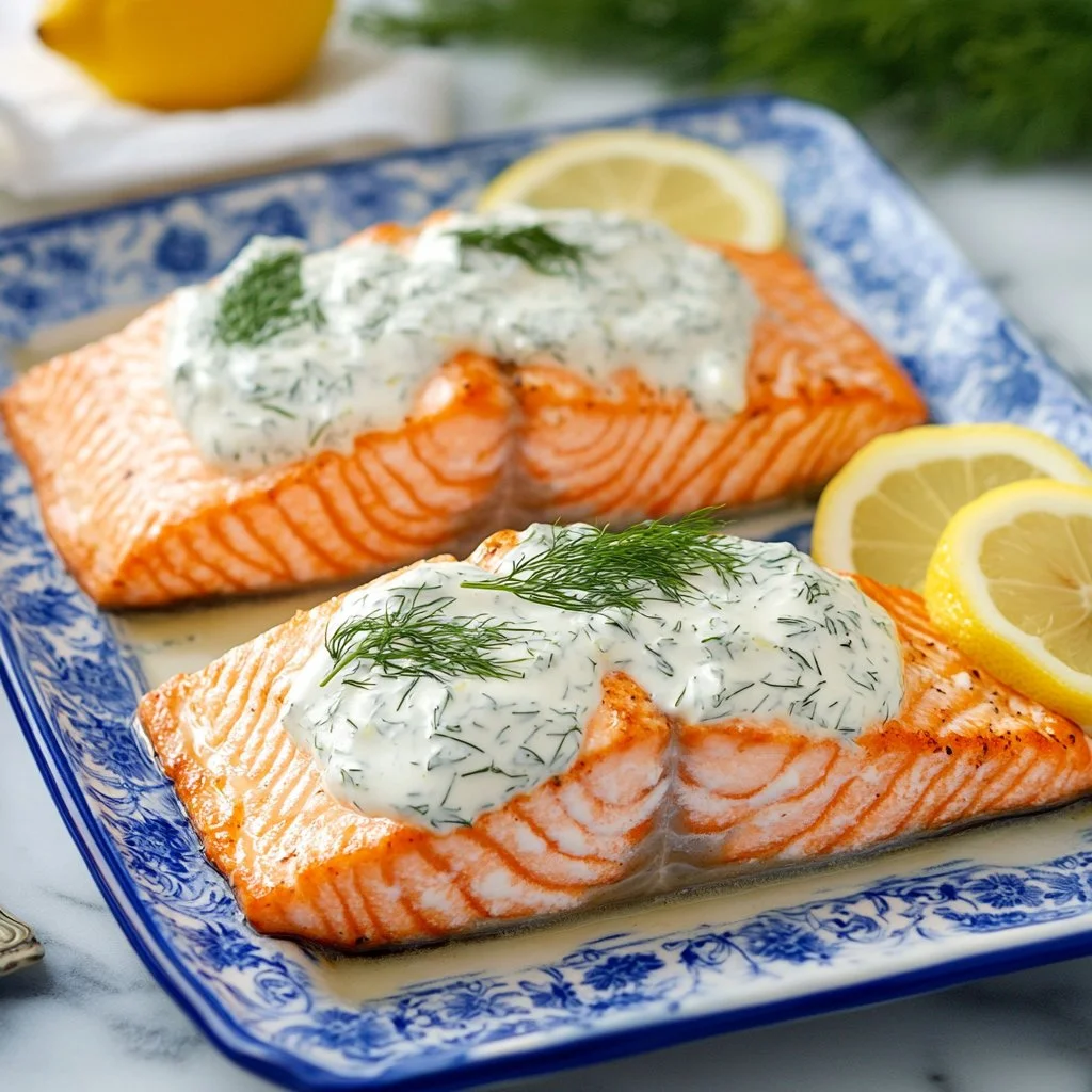 Baked salmon topped with garlic mayo on a white plate