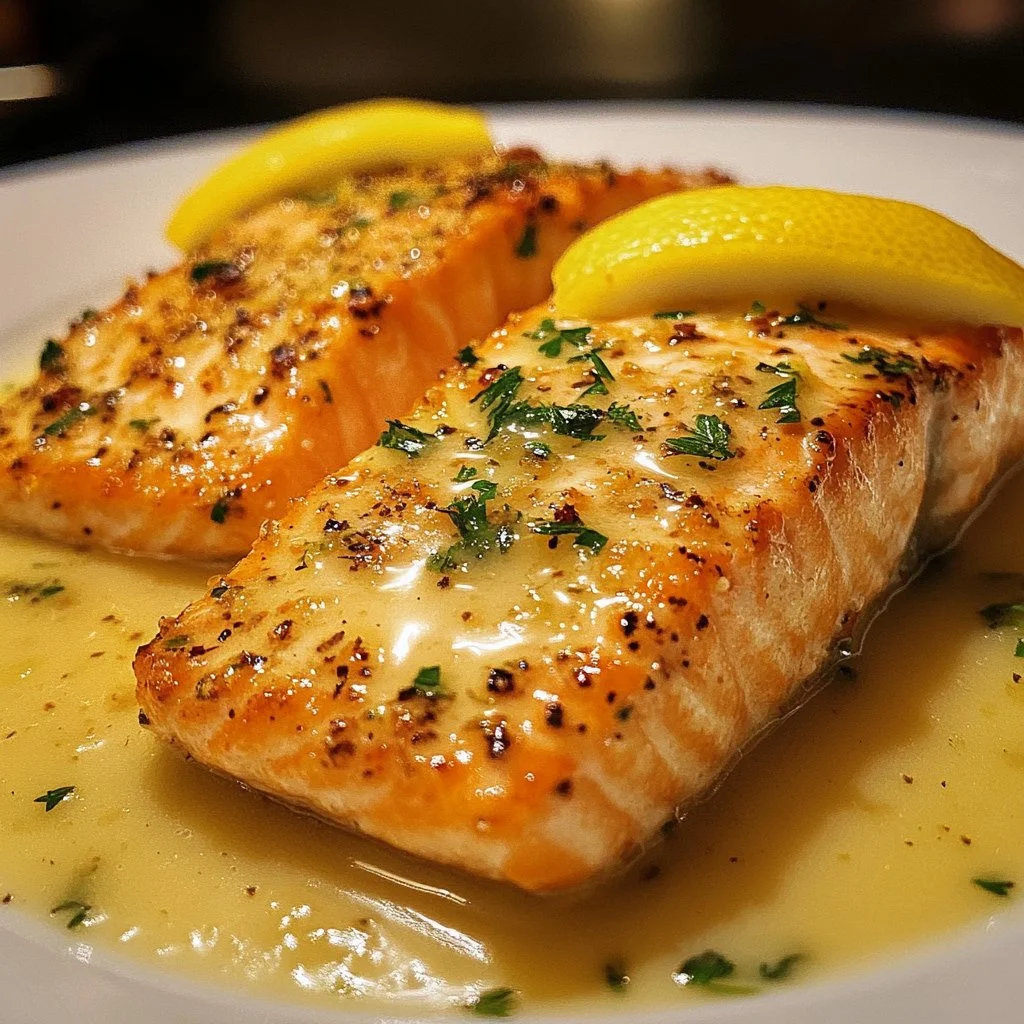 Baked salmon fillet topped with lemon butter sauce and herbs on a plate