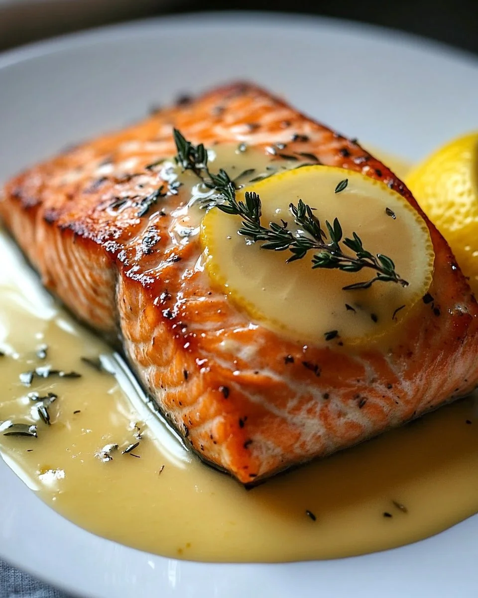 Baked salmon fillet drizzled with lemon sauce on a plate
