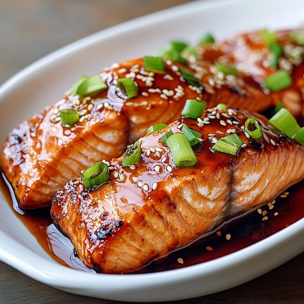 Baked teriyaki salmon garnished with green onions on a plate