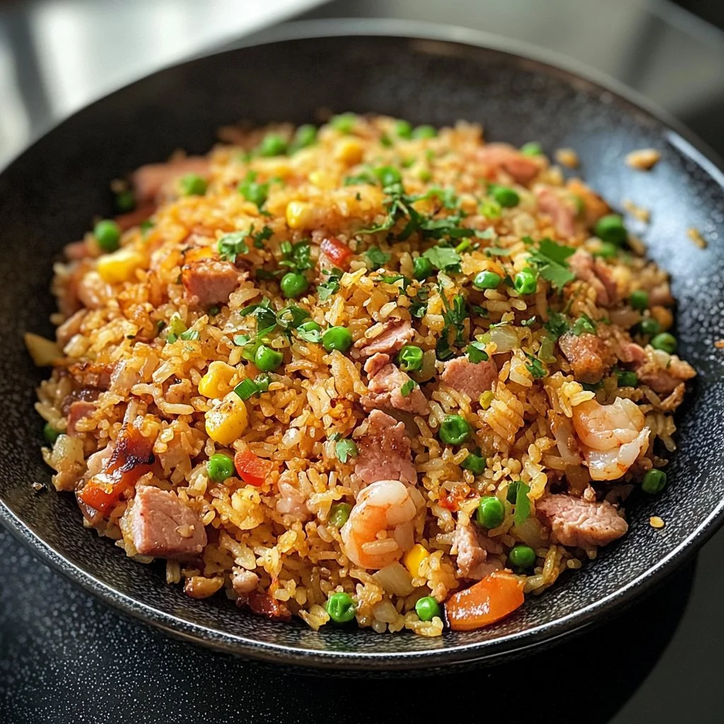 Plate of Bang Bang Fried Rice garnished with herbs and spices