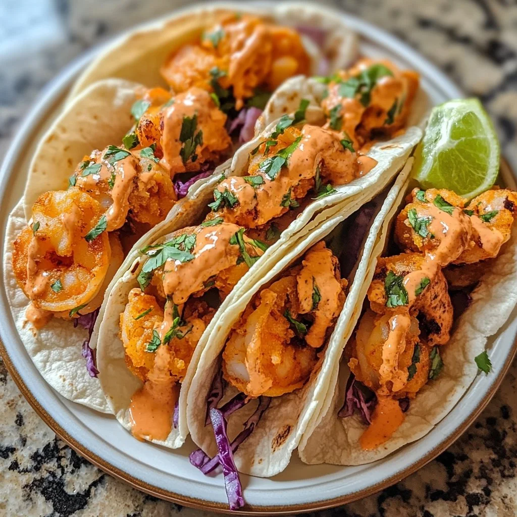 Bang Bang Shrimp Tacos with crispy shrimp and spicy sauce in tortillas