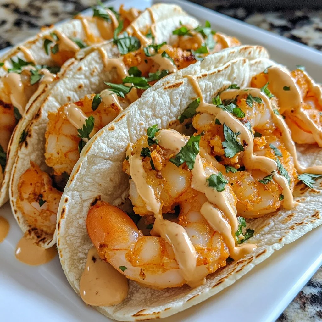 Delicious Bang Bang Shrimp Tacos topped with spicy sauce and fresh ingredients.