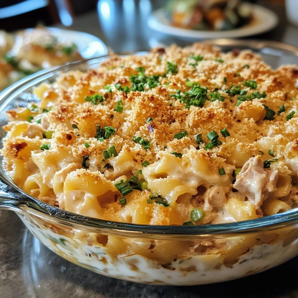 Delicious Campbell's Tuna Casserole ready to serve in a baking dish