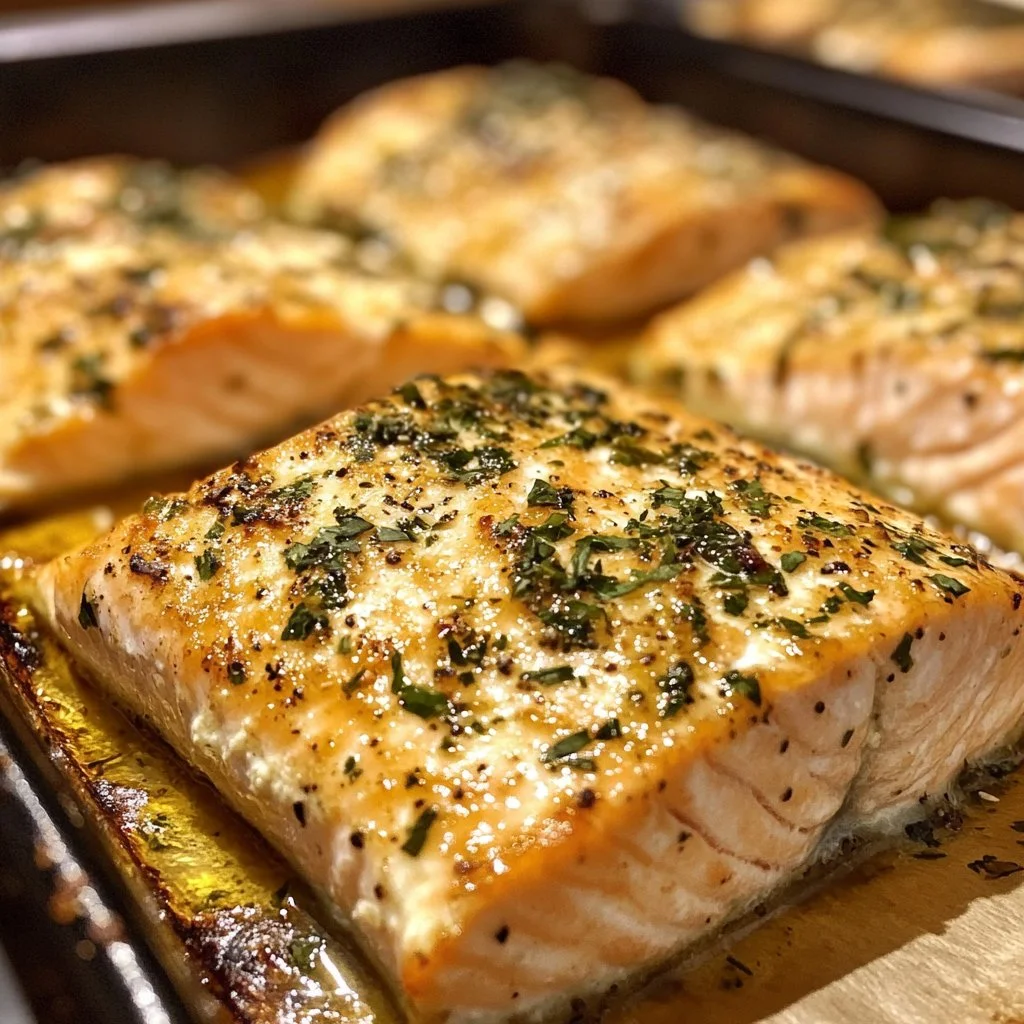 Delicious oven baked salmon fillet served with herbs and lemon slices.