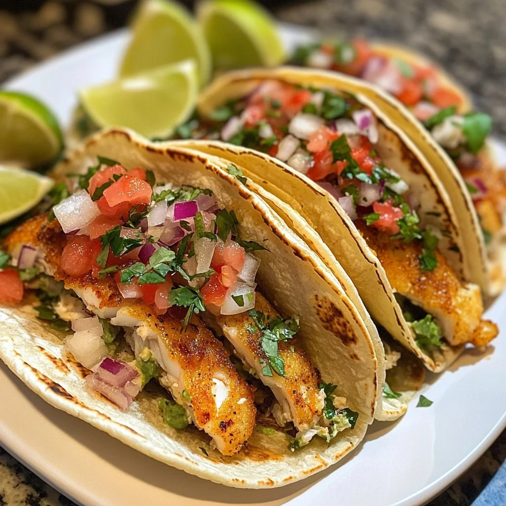 Delicious fish tacos garnished with fresh ingredients and served on a plate