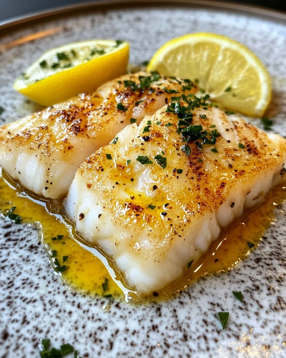 Delicious pan-fried cod fillet served with lemon butter sauce