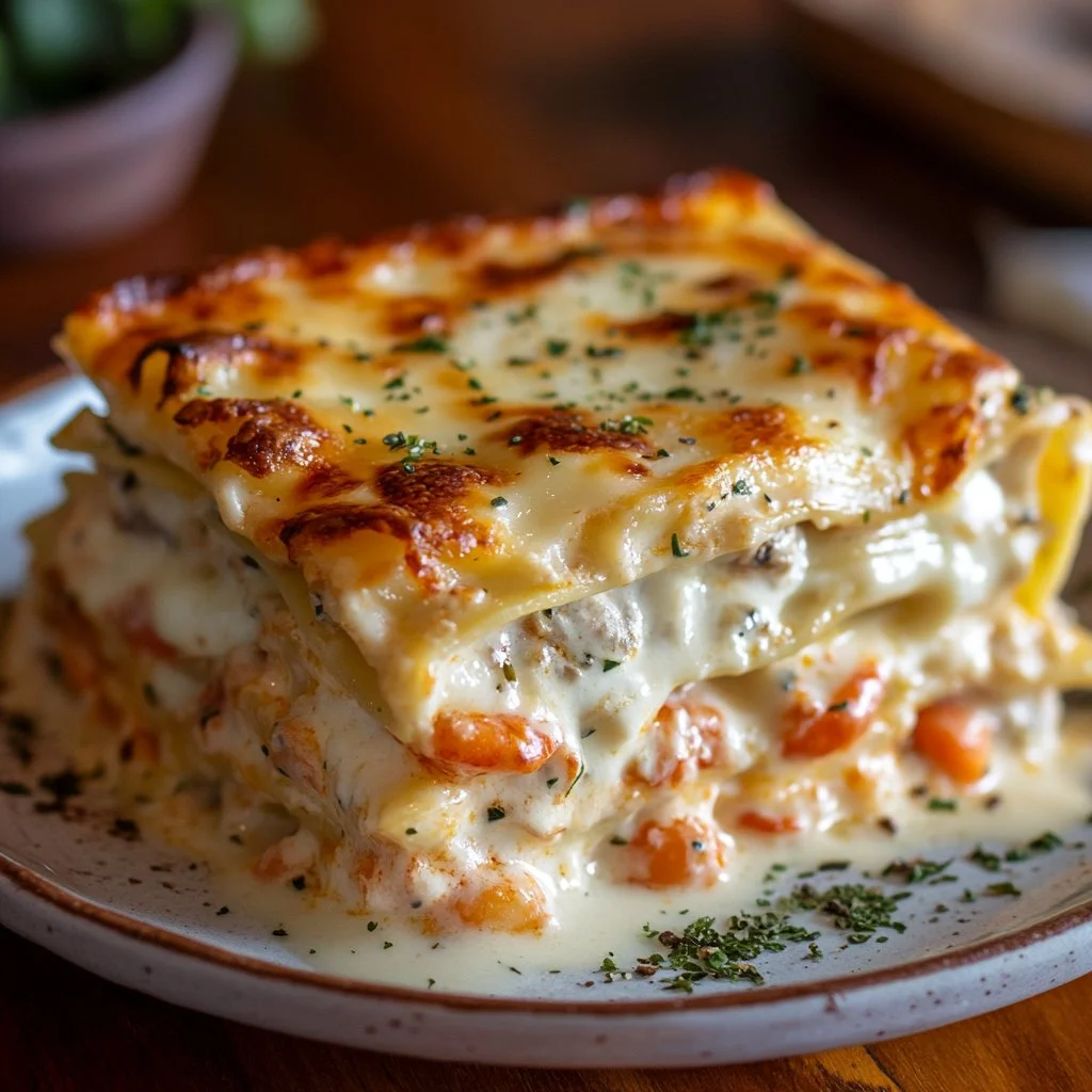 A delicious seafood lasagna topped with fresh herbs and cheese