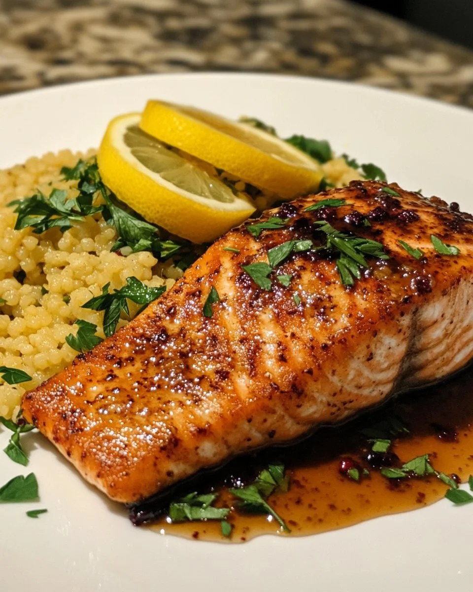 Blueberry glazed salmon with lemon herb couscous on a plate