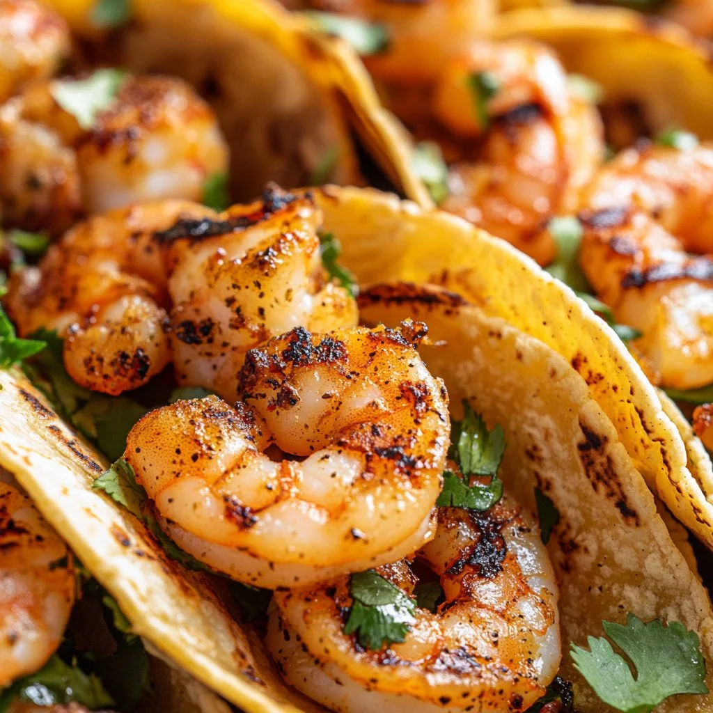 Bobby Flay’s delicious shrimp tacos served with fresh toppings.