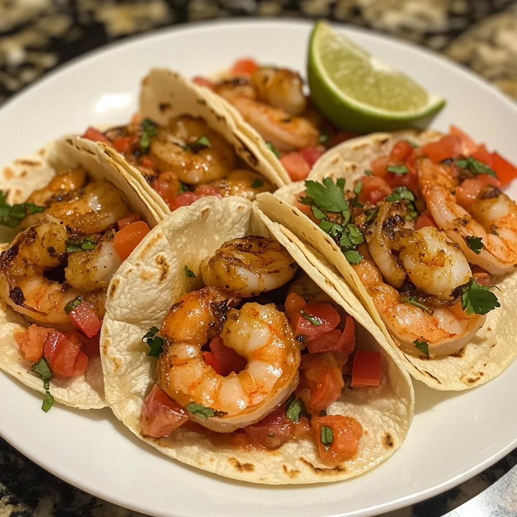 Bobby Flay's delicious shrimp tacos topped with fresh ingredients and spices.