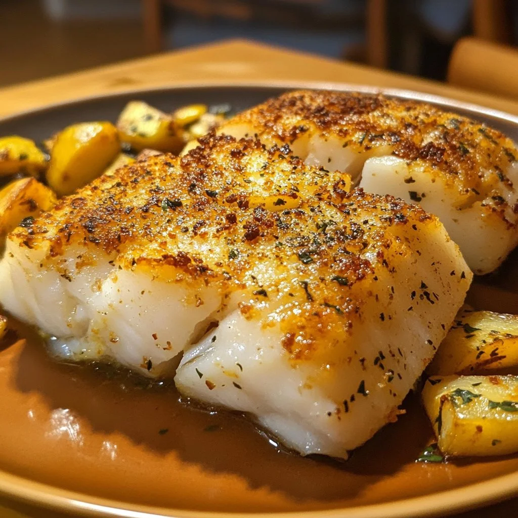 Delicious Boston Baked Cod served with fresh herbs and lemon slices.