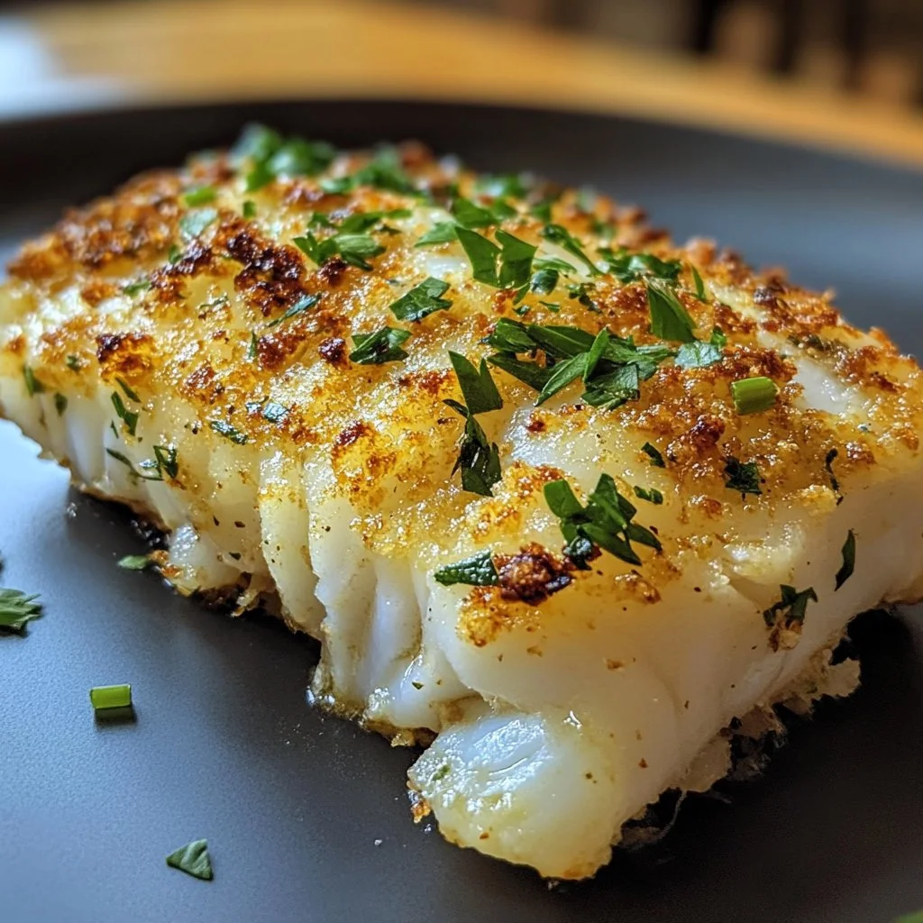 Deliciously baked cod dish with seasoning and herbs, inspired by Boston style.