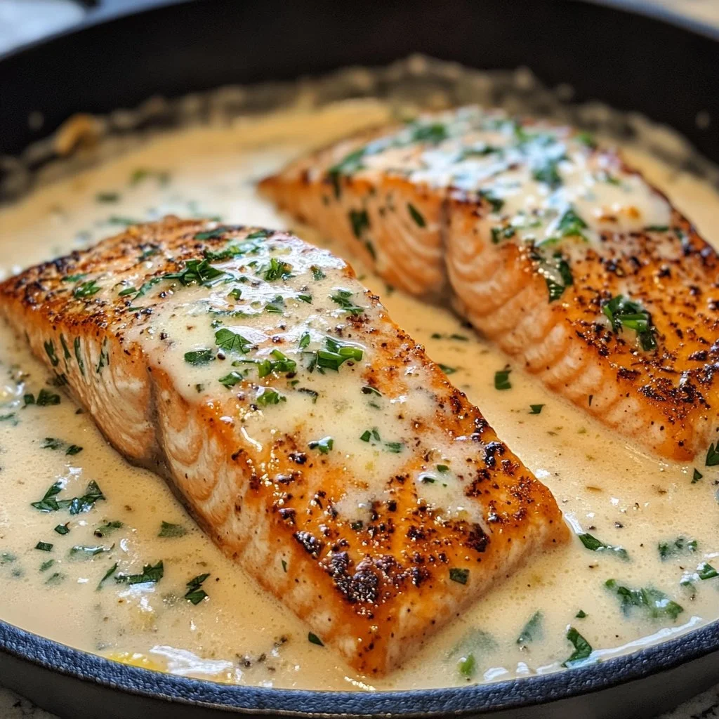 Boursin salmon topped with lemon herb sauce on a plate