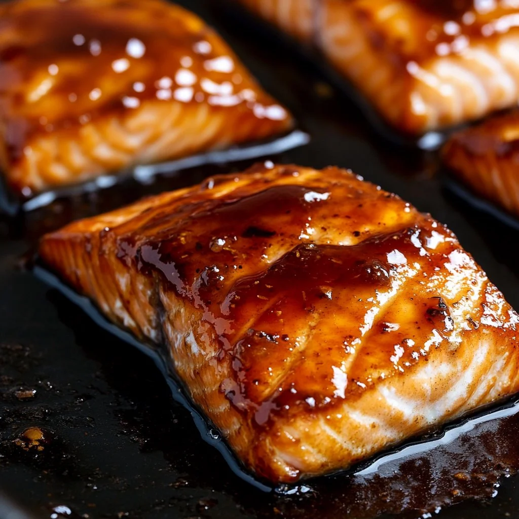 Brown sugar glazed salmon resting on a white plate garnished with herbs