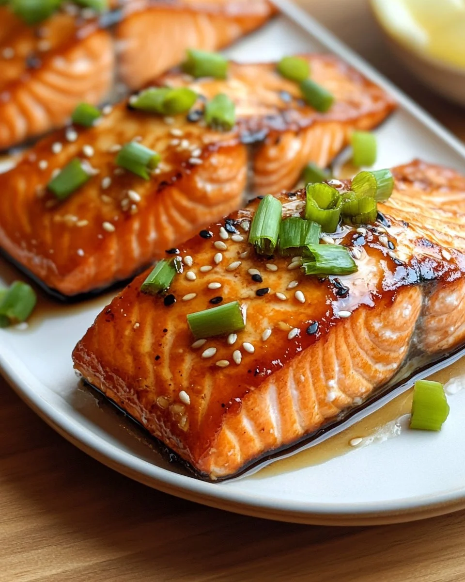 Delicious brown sugar soy glazed salmon garnished with sesame seeds and scallions