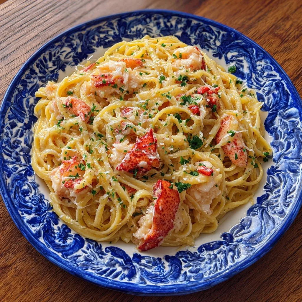 Plate of buttered lobster pasta garnished with herbs and lemon slices