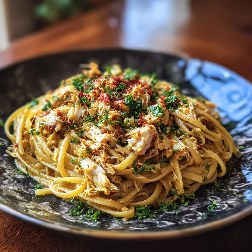 Delicious Cajun Crab Pasta garnished with herbs and spices