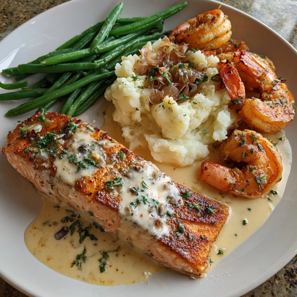 Cajun shrimp and salmon served in garlic cream sauce on a plate