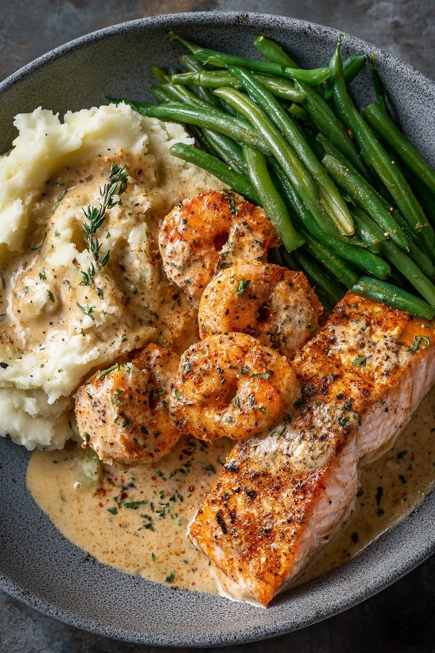 Cajun Shrimp and Salmon with Garlic Cream Sauce, Mashed Potatoes, and Green Beans: A Flavor-Packed Dinner to Impress