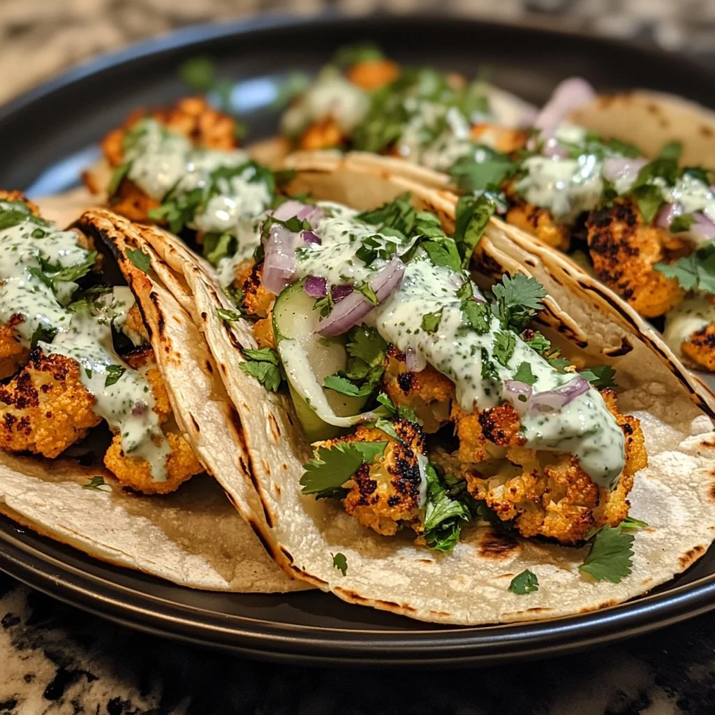 Cauliflower tacos served with cilantro lime cream on a plate