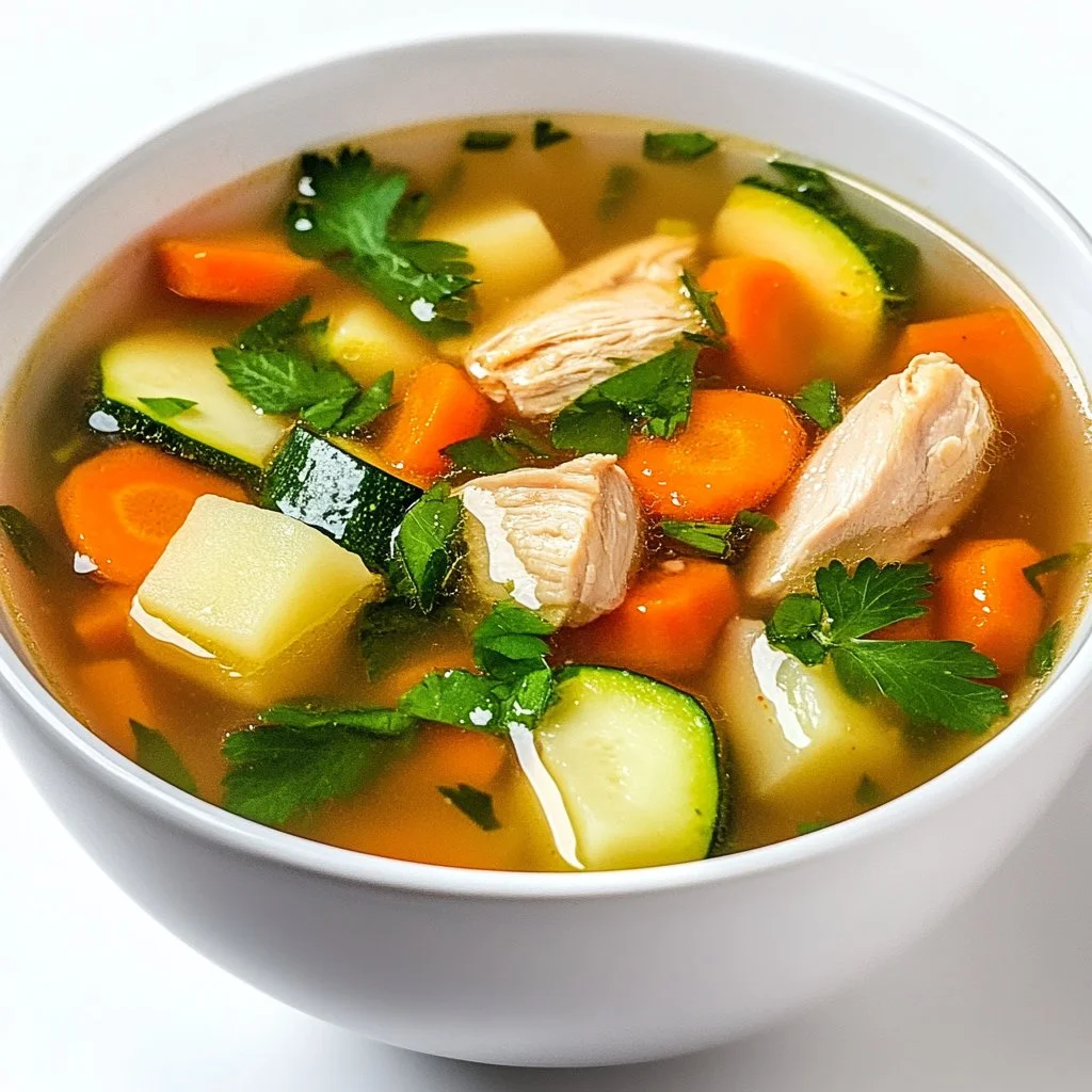 Bowl of homemade chicken soup with fresh vegetables