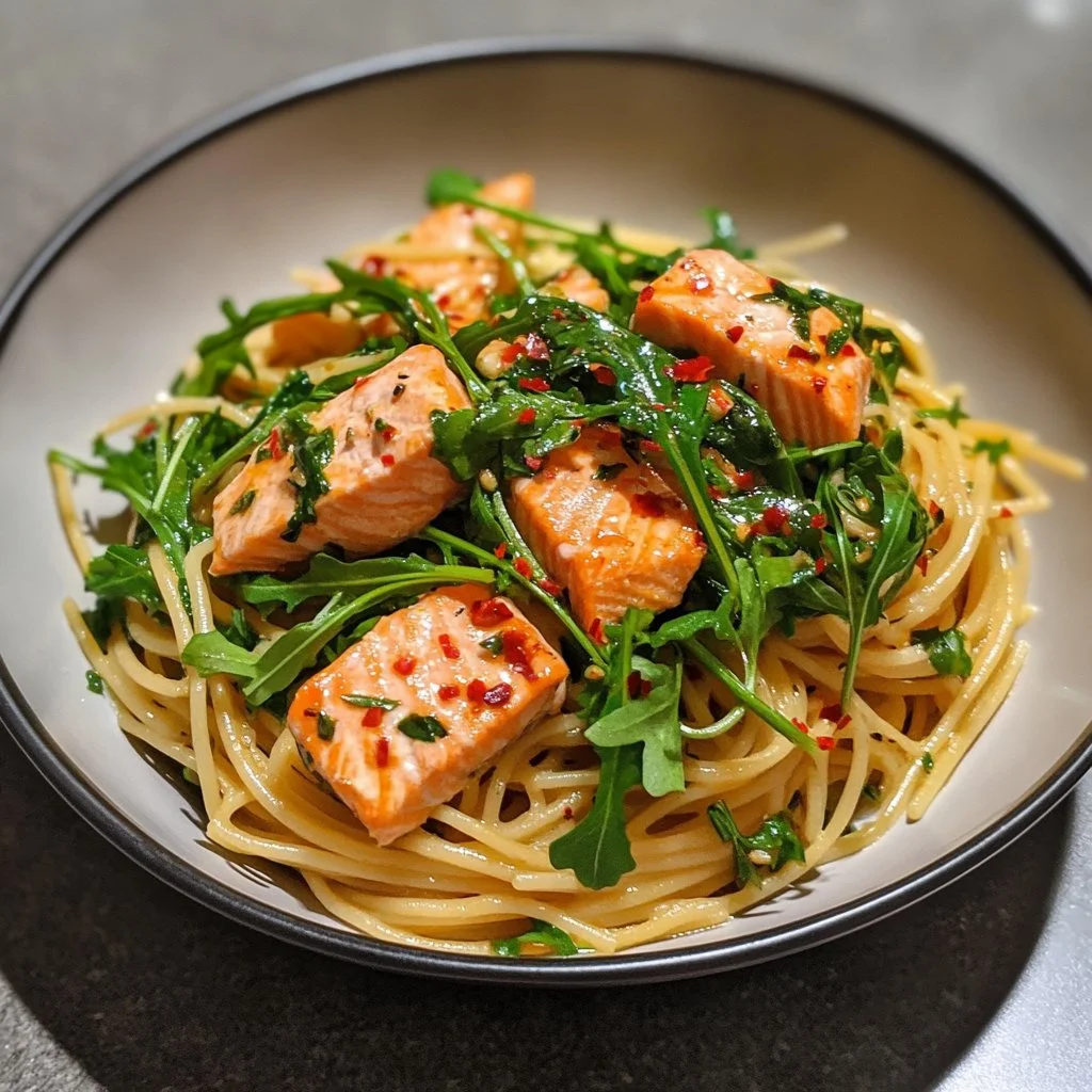 Chilli Oil Pasta served with Salmon and Rocket on a plate