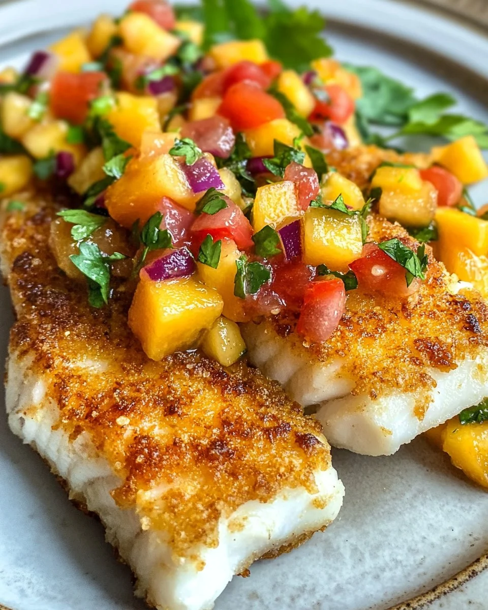 Coconut crusted fish served with fresh mango salsa on a plate