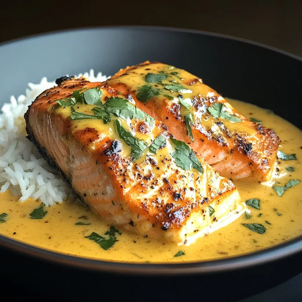 Plate of Coconut Salmon Curry with vibrant colors and fresh herbs