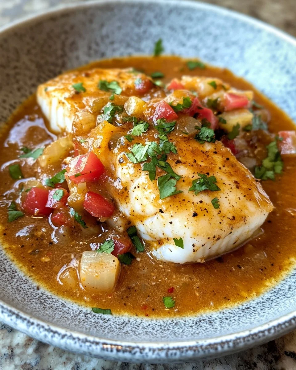 Plate of cod fillet served with rich Creole sauce and fresh herbs