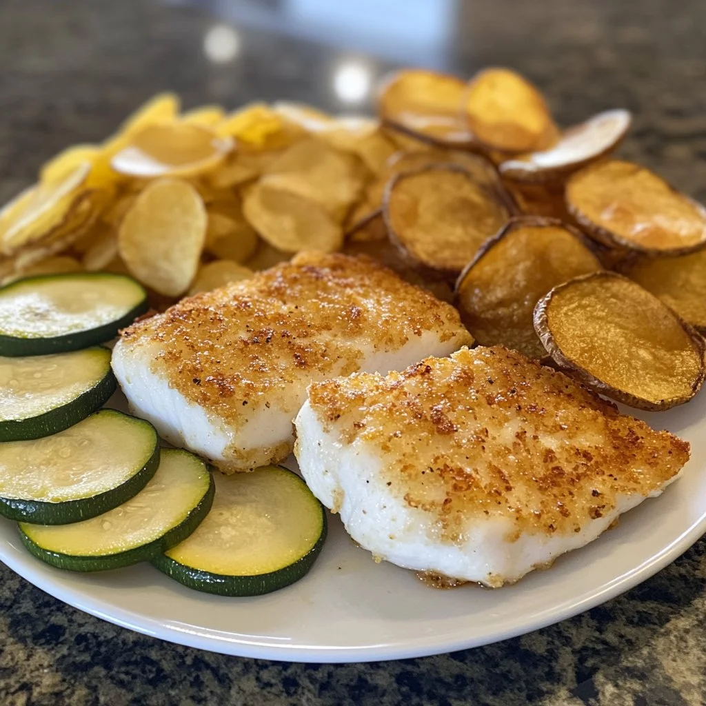 Oven-fried cod with chips and zucchini spears inspired by Long John Silver's recipe.