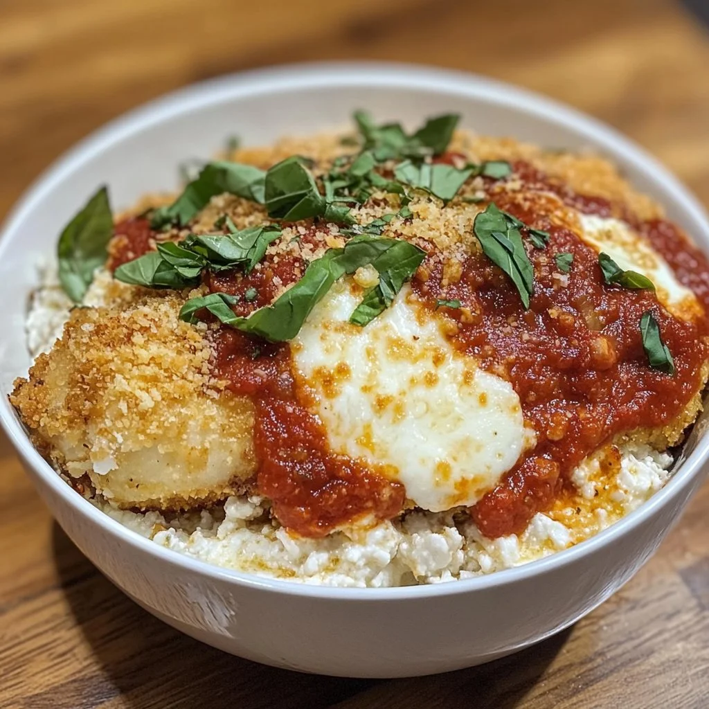Cottage Cheese Chicken Parmesan Bowl served in a dish with fresh herbs