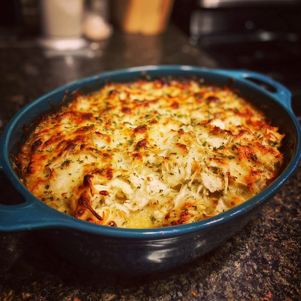 Delicious homemade crab casserole served in a baking dish