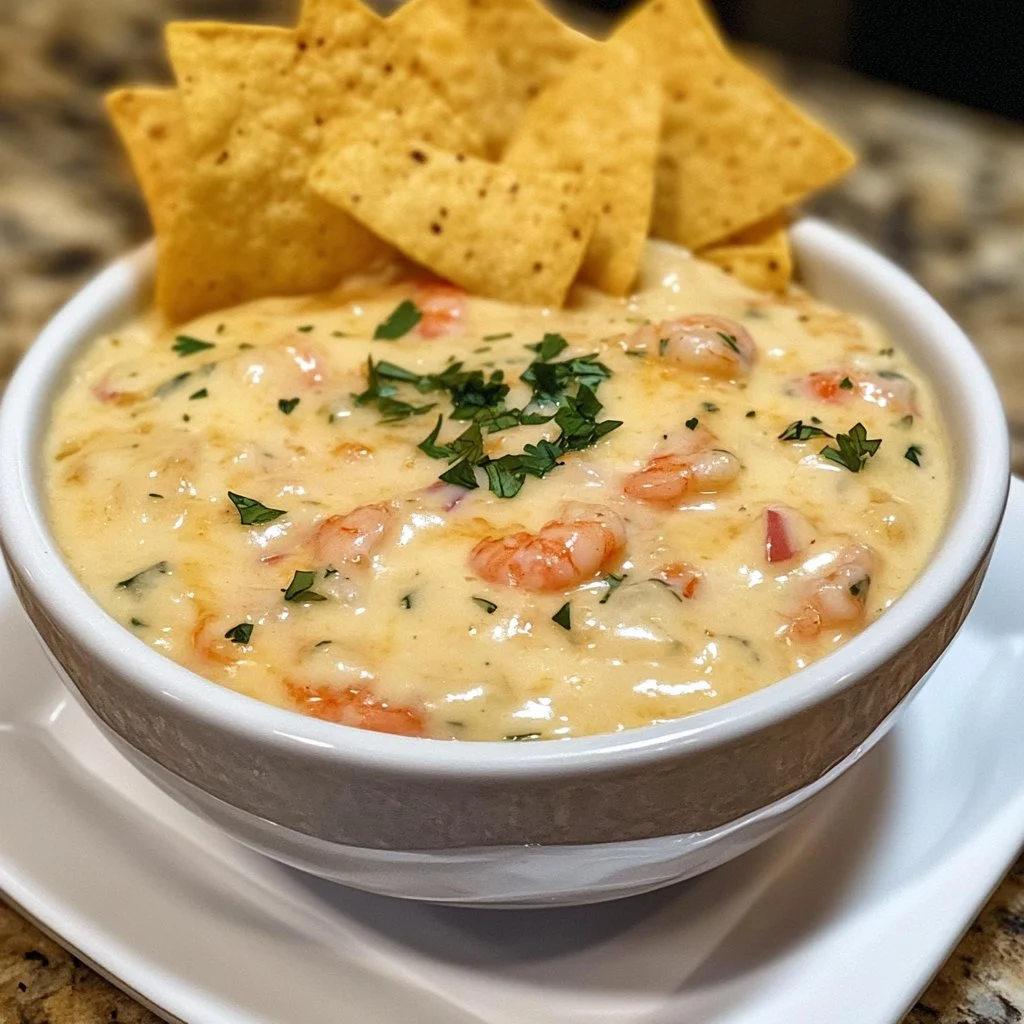 Delicious crab shrimp queso served in a bowl with tortilla chips for dipping.