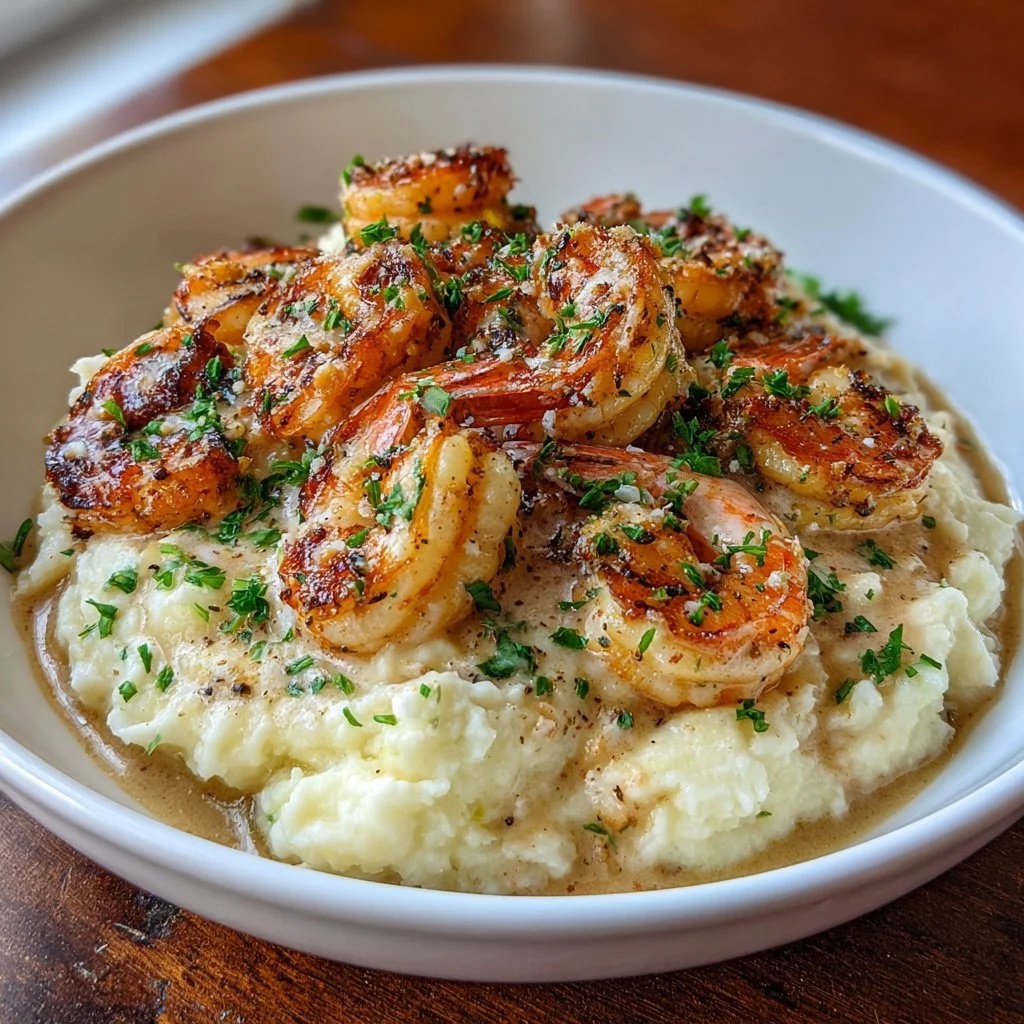 Creamy garlic shrimp dish served on a bed of mashed potatoes