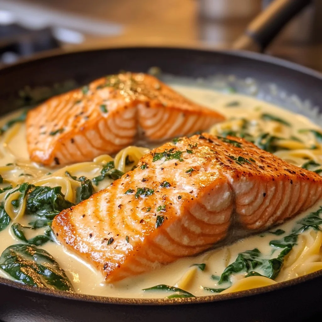 Creamy garlic spinach salmon dish served with fresh ingredients