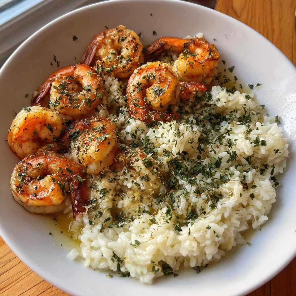 Creamy herb rice with garlic butter shrimp bowl served in a rustic dish.