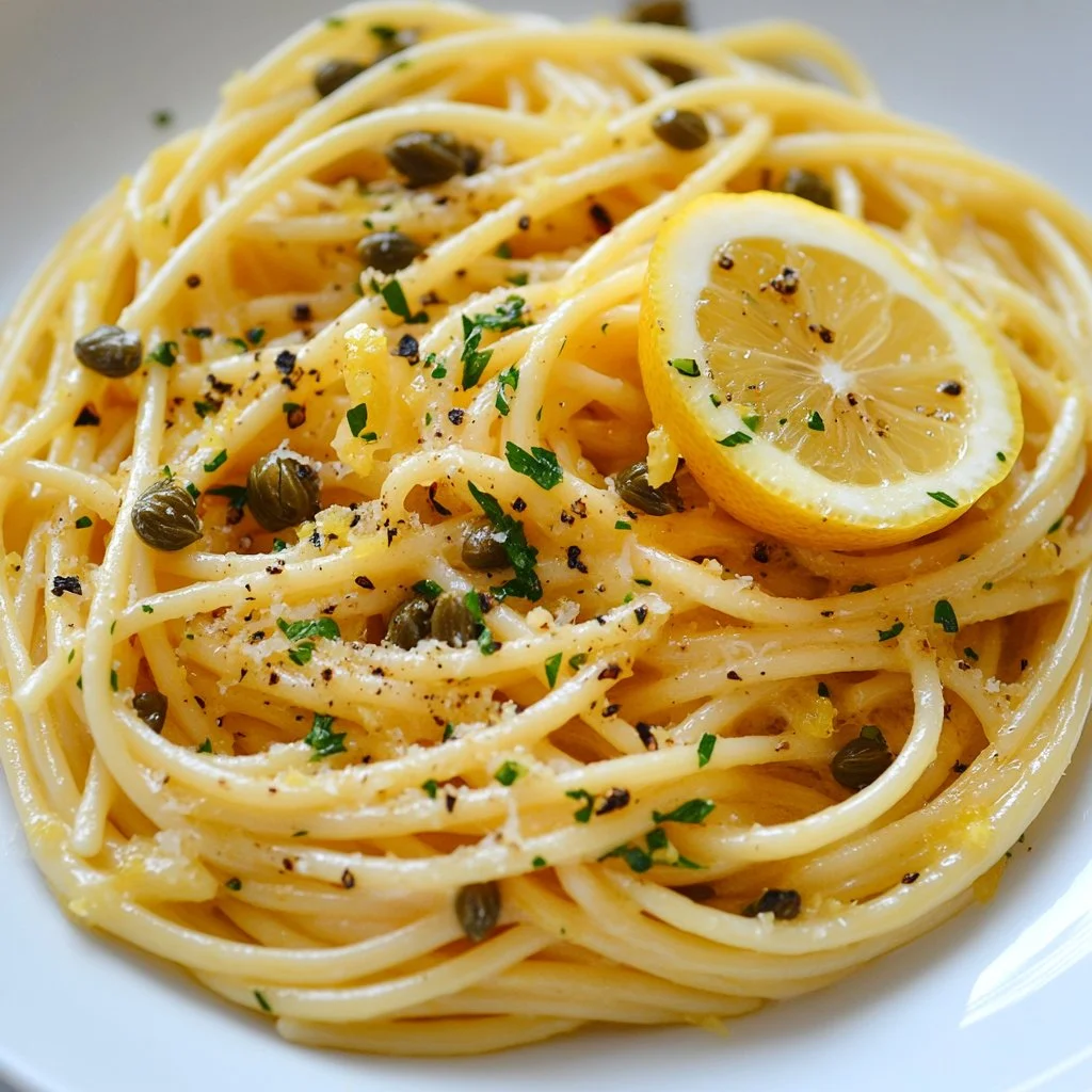 Creamy Parmesan lemon caper pasta dish garnished with capers and lemon zest.
