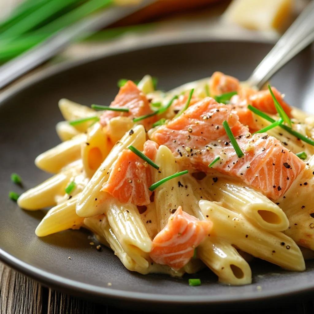 Creamy pasta dish featuring smoked salmon served in a bowl