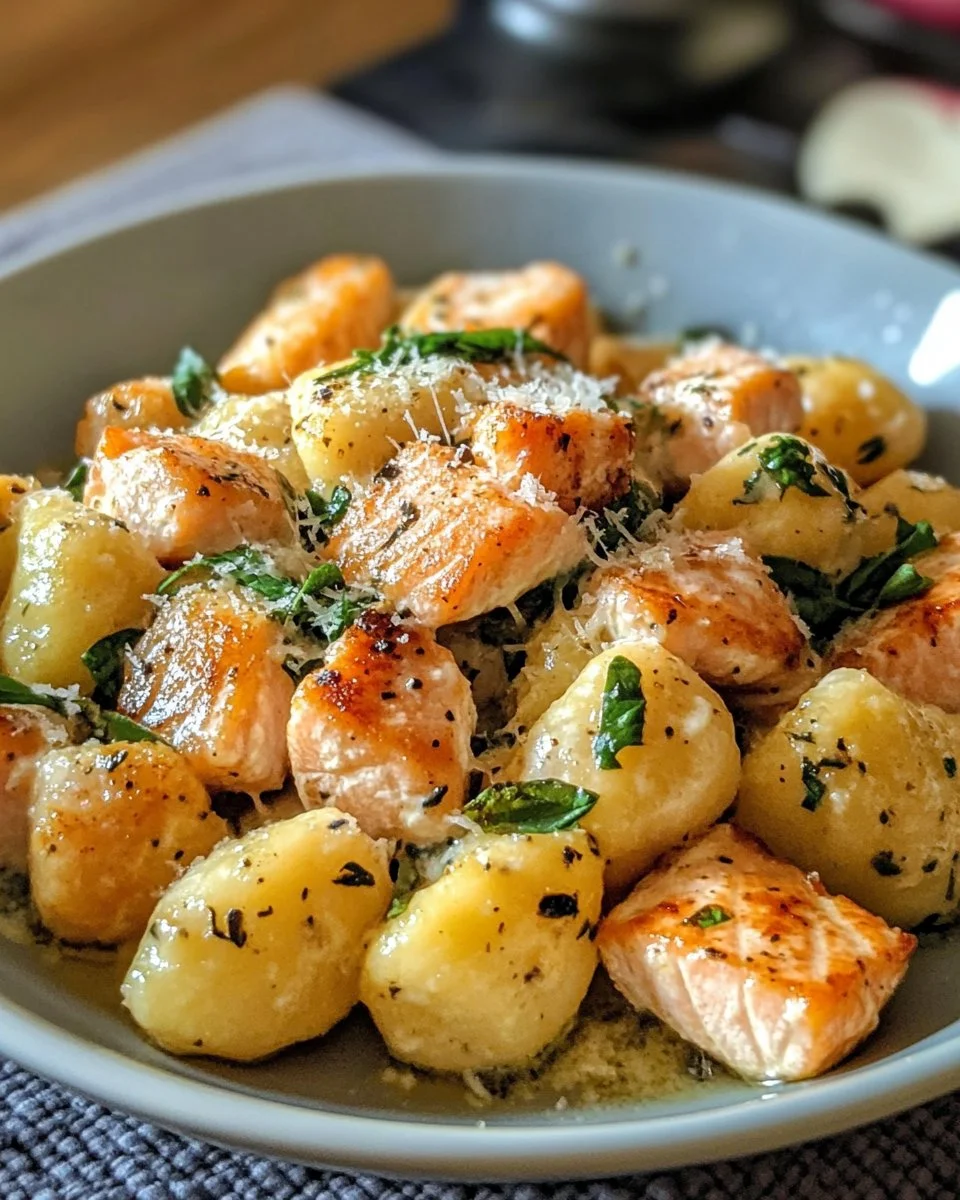 Plate of creamy salmon gnocchi garnished with herbs and served in a bowl